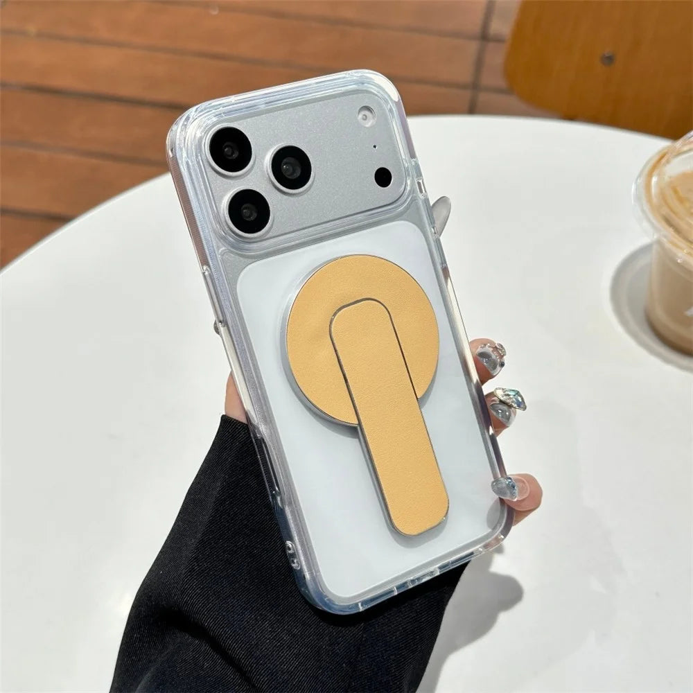 BP-1RH Magnetic Phone Stand PU Leather Push-Pull Ring Holder Foldable Grip for Smartphone - Yellow - 1