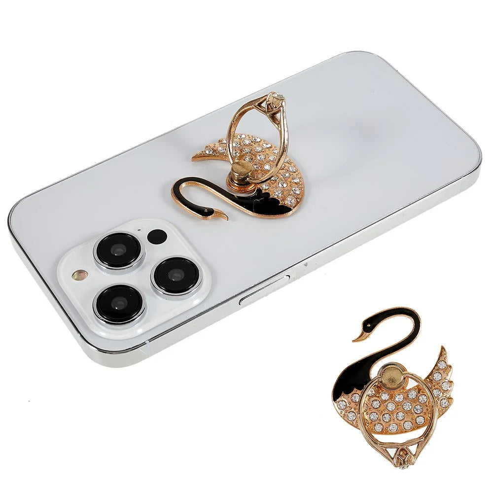 Swan Glitter Bling Phone Ring Holder Phone Ring Grip Rhinestone Stand Finger Kickstand Metal Back Grip - Black - 1