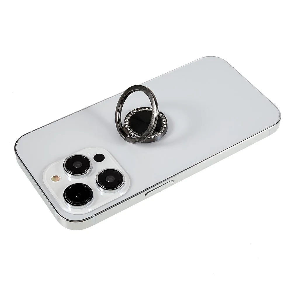Rhinestone Decor Phone Ring Kickstand Holder CD Veins Rotation Metal Finger Grip Adjustable Cellphone Stand - Black - 2