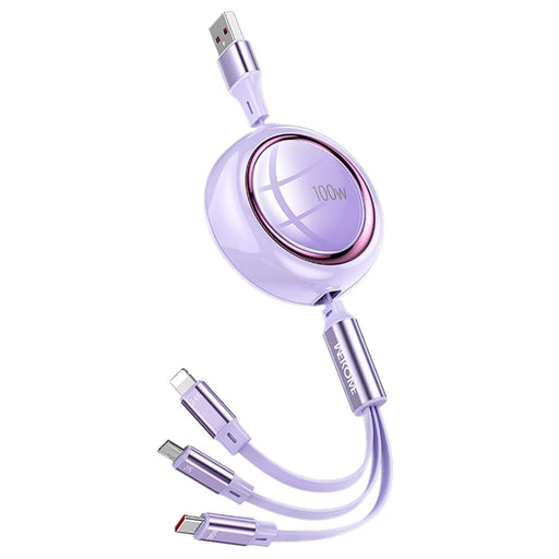 WEKOME WDC-18 Star Series 1.2m 3-in-1 Retractable 100W Fast Charging Cable Date Cord - Purple - 1