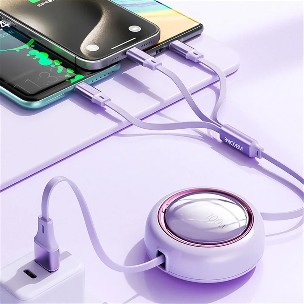 WEKOME WDC-18 Star Series 1.2m 3-in-1 Retractable 100W Fast Charging Cable Date Cord - Purple - 3