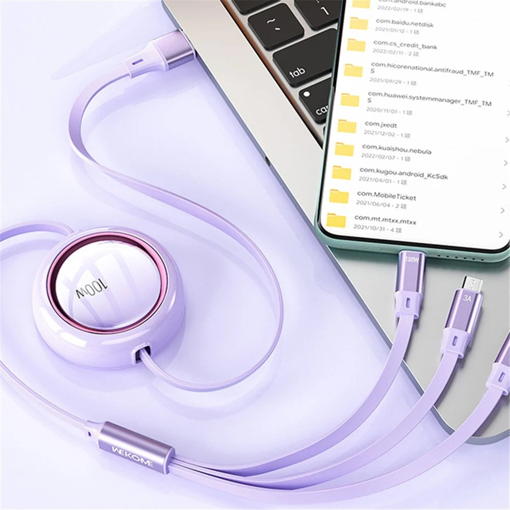 WEKOME WDC-18 Star Series 1.2m 3-in-1 Retractable 100W Fast Charging Cable Date Cord - Purple - 5