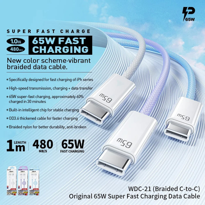 WEKOME WDC-21 1m USB-C to USB-C Charger Cable Nylon Braided 65W Fast Charging Cord - Purple - 2