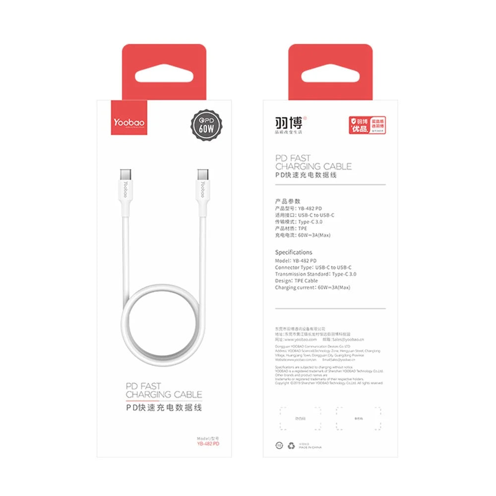 YOOBAO YB-482PD 1.2m USB-C to USB-C Cable PD 60W TPE Phone Charger Cord - 7