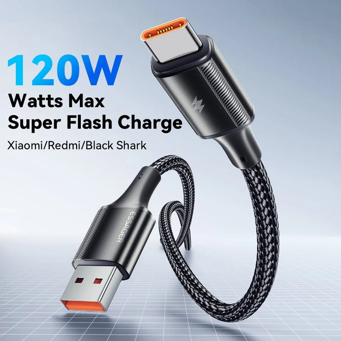 ESSAGER 1m USB-A to Type-C 120W Braided Cable for Xiaomi Phone Fast Charging Data Cable - Black - 3