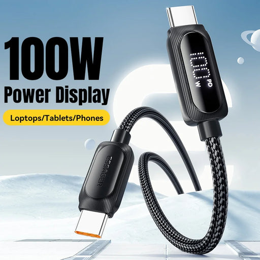 ESSAGER 2m Type-C to Type-C PD 100W Data Cable Digital Display Braided Fast Charging Cord - 2