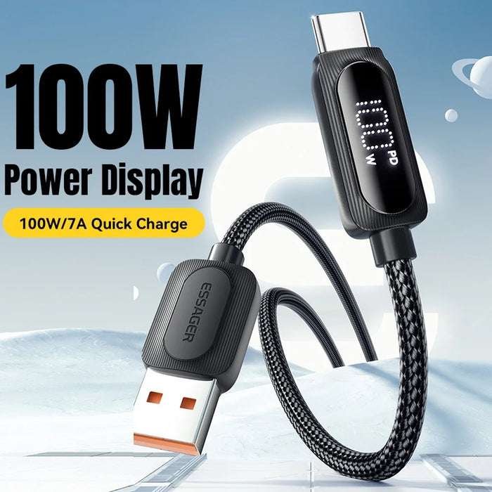ESSAGER 2m USB-A to Type-C 7A Fully Compatible Digital Display Fast Charging Data Cable - 2