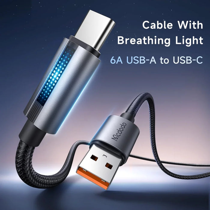 MCDODO CA-5180 1.2m USB-A to Type-C 6A 100W Charging Data Cable with Breathing Light - Black - 2