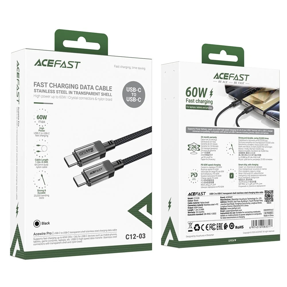 ACEFAST C12-03 1.2m USB-C to USB-C 60W Fast Charging Cable Clear Connector Braided Data Cable - 7