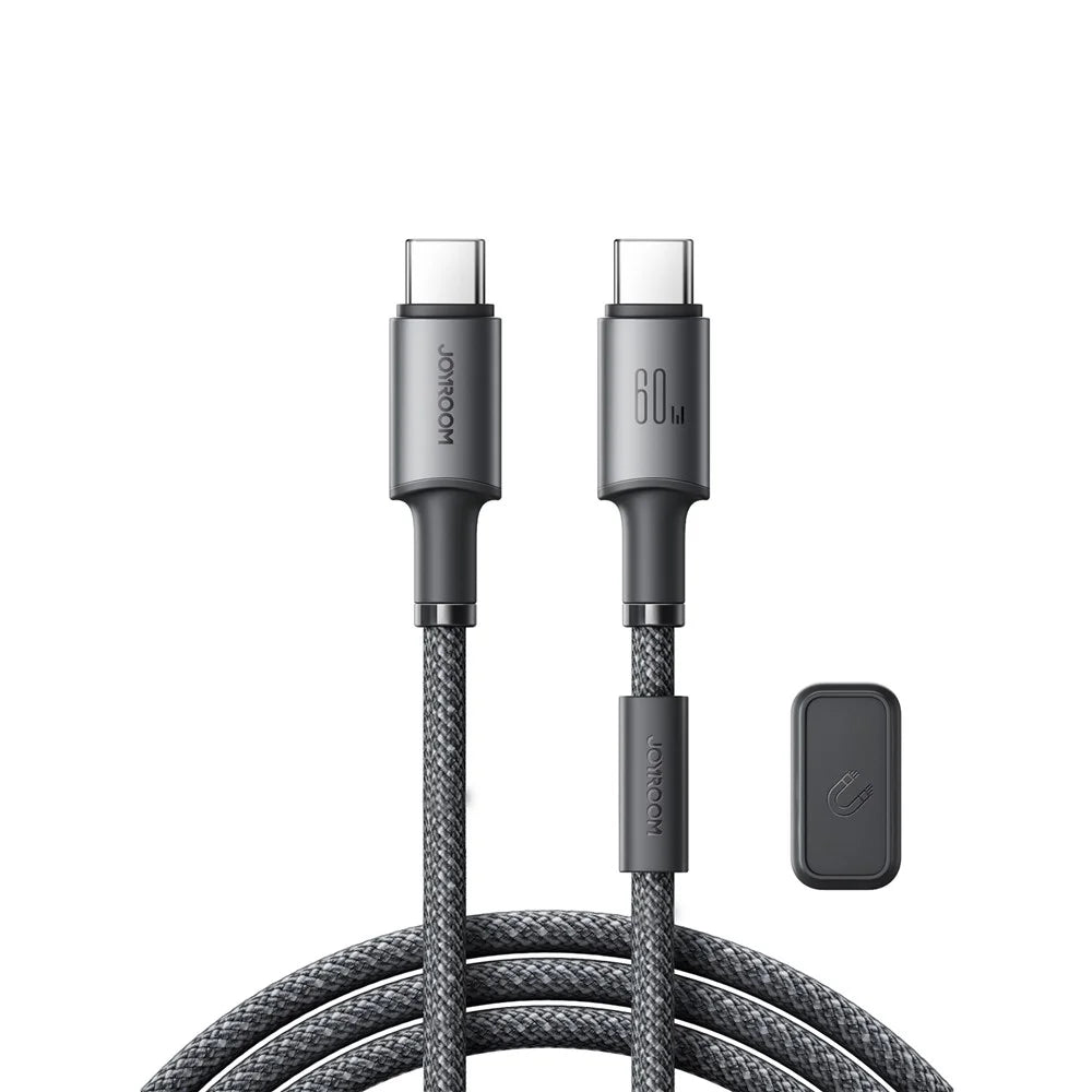 JOYROOM S-A50 1.2m Type-C to Type-C 60W Fast Charging Data Cable with Magnetic Cable Holder for iPhone 16-15 Series - Dark Grey - 1