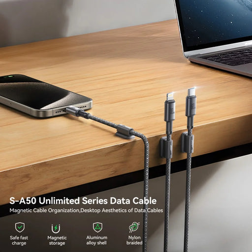 JOYROOM S-A50 1.2m Type-C to Type-C 60W Fast Charging Data Cable with Magnetic Cable Holder for iPhone 16-15 Series - Dark Grey - 2