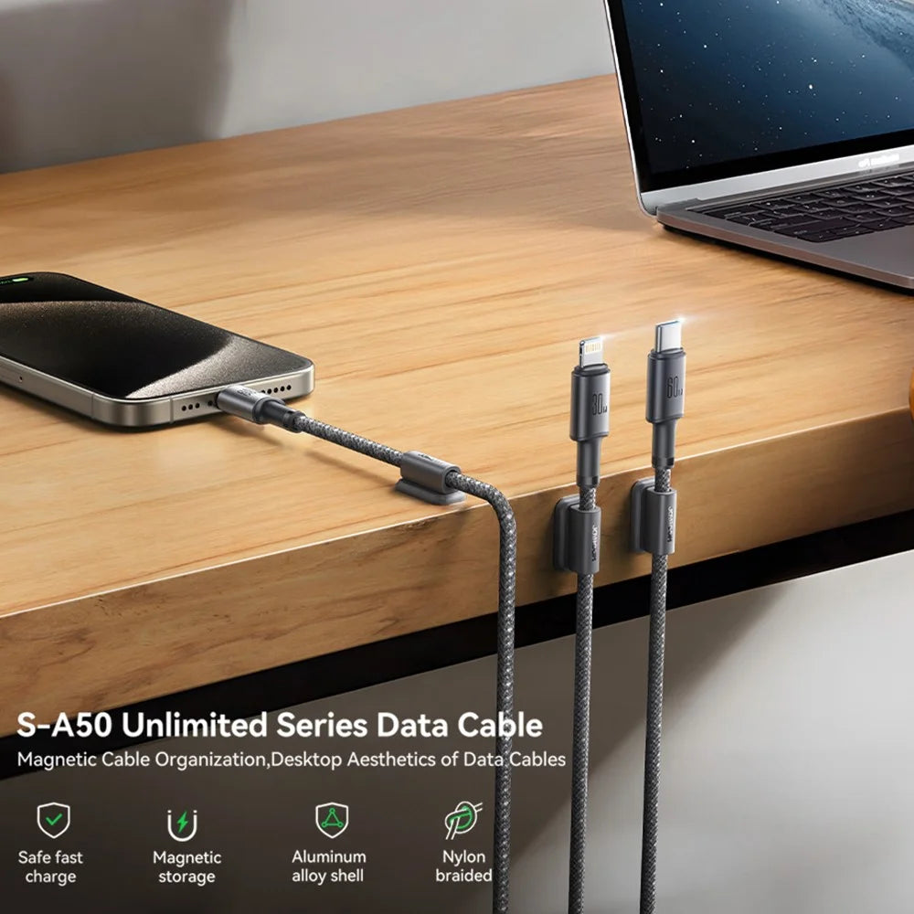 JOYROOM S-A50 1.2m USB-A to Type-C 3A Fast Charging Data Cable with Magnetic Cable Holder for iPhone 16-15 Series - Dark Grey - 2