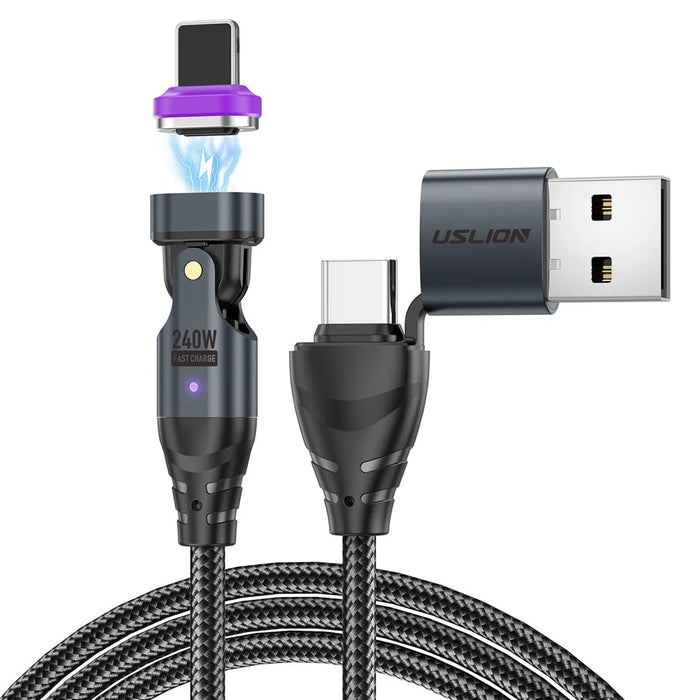 USLION US0204 1.8m USB / Type-C 2 to 1 Data Cable 180-Degree Rotation 240W Magnetic Charging Cable - iP - 1