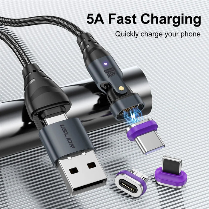 USLION US0204 1.8m USB / Type-C 2 to 1 Data Cable 180-Degree Rotation 240W Magnetic Charging Cable - iP - 2