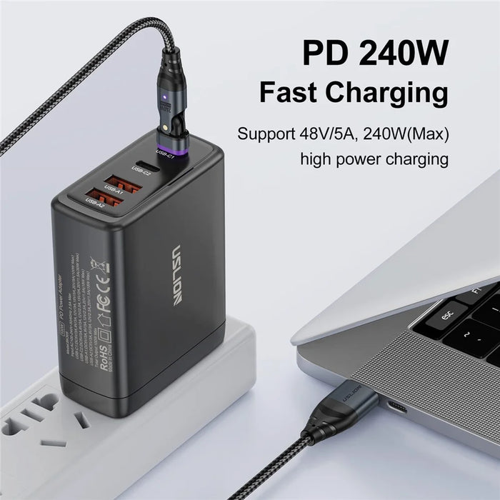 USLION US0204 1.8m USB / Type-C 2 to 1 Data Cable 180-Degree Rotation 240W Magnetic Charging Cable - iP - 3