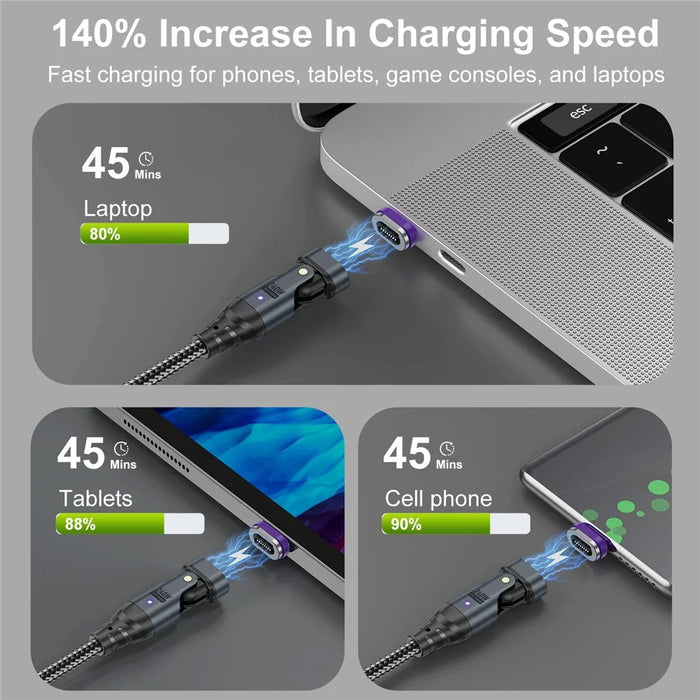 USLION US0204 1.8m USB / Type-C 2 to 1 Data Cable 180-Degree Rotation 240W Magnetic Charging Cable - iP - 7
