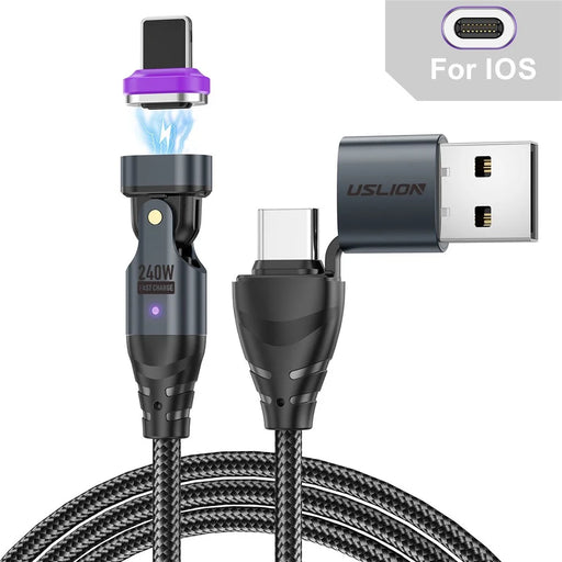 USLION US0204 1m USB / Type-C 2 to 1 Data Cable 180-Degree Rotation 240W Magnetic Charging Cable - iP - 1
