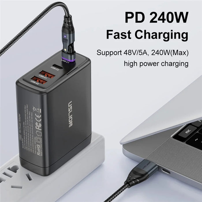 USLION US0204 1m USB / Type-C 2 to 1 Data Cable 180-Degree Rotation 240W Magnetic Charging Cable - iP - 3