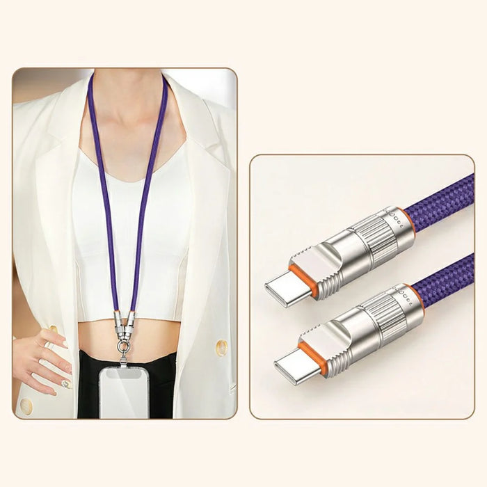 90cm 2-in-1 PD 66W Type-C Charging Cable Cell Phone Neck Lanyard Data Cable with Zinc Alloy Buckle, Tether Tab - Dark Purple - 1