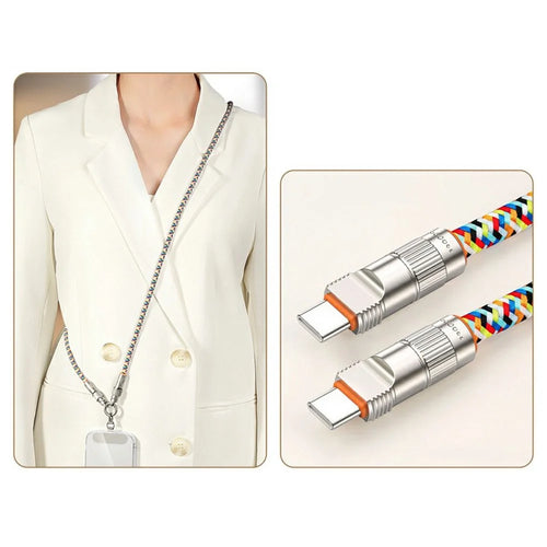 120cm 2-in-1 PD 66W Type-C Charging Cable Cell Phone Crossbody Lanyard Data Cable with Zinc Alloy Buckle, Tether Tab - Multi-Color - 1