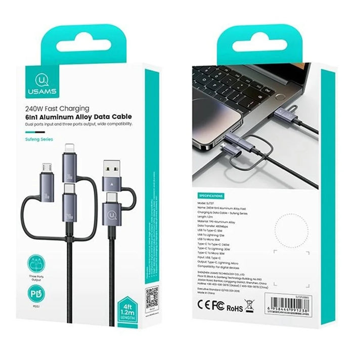 USAMS SJ737 1.2m 240W Multi Charging Cable 6-in-1 Aluminum Alloy Fast Charging Data Cord - 6