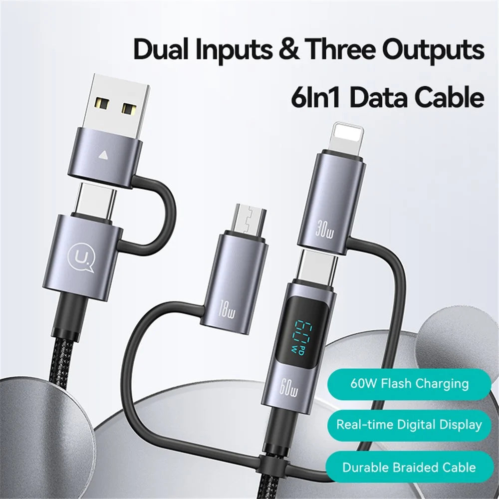 USAMS SJ713 1.2m 60W 6-in-1 Fast Charging Cable LED Display PVC Data Cord - 3