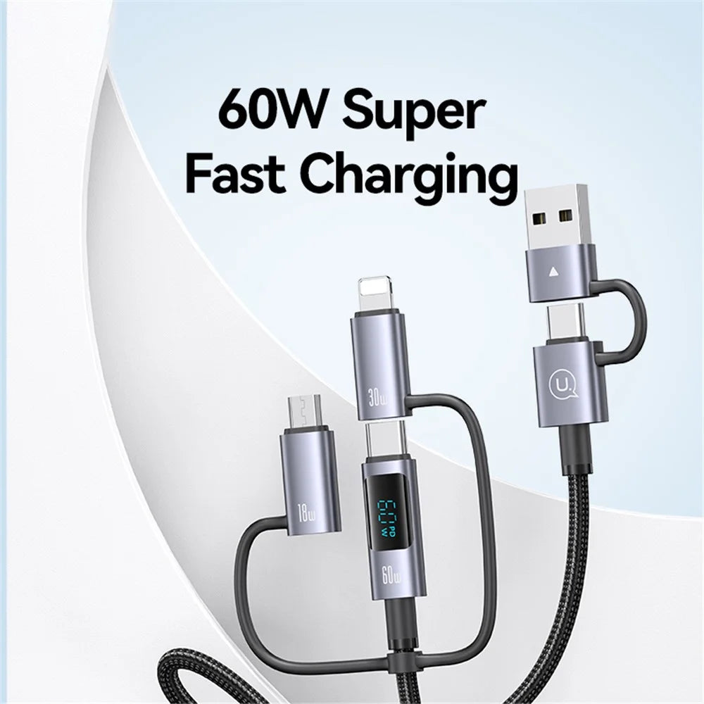 USAMS SJ713 1.2m 60W 6-in-1 Fast Charging Cable LED Display PVC Data Cord - 6