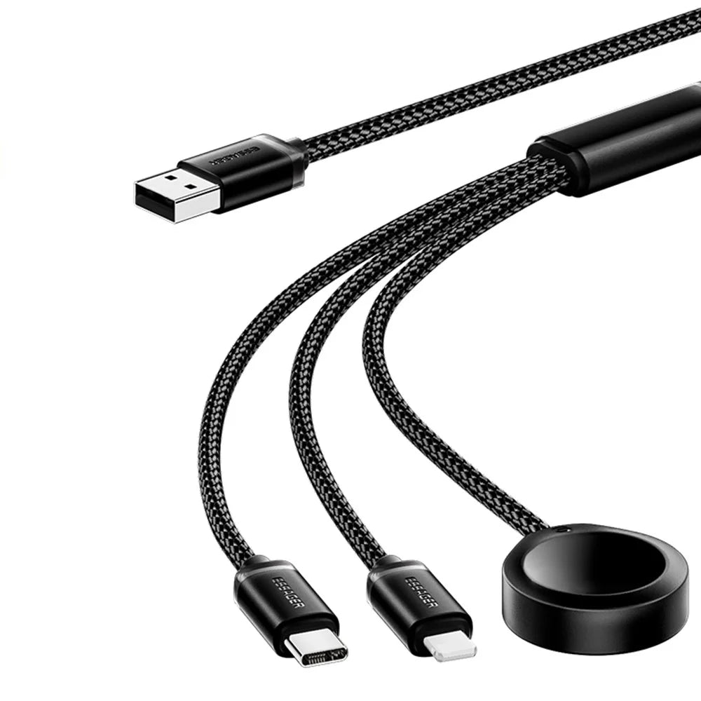 ESSAGER 1.2m USB to Type-C + 8-pin + for Apple Watch Wireless Charging Dock Braided Charge Cable - 1
