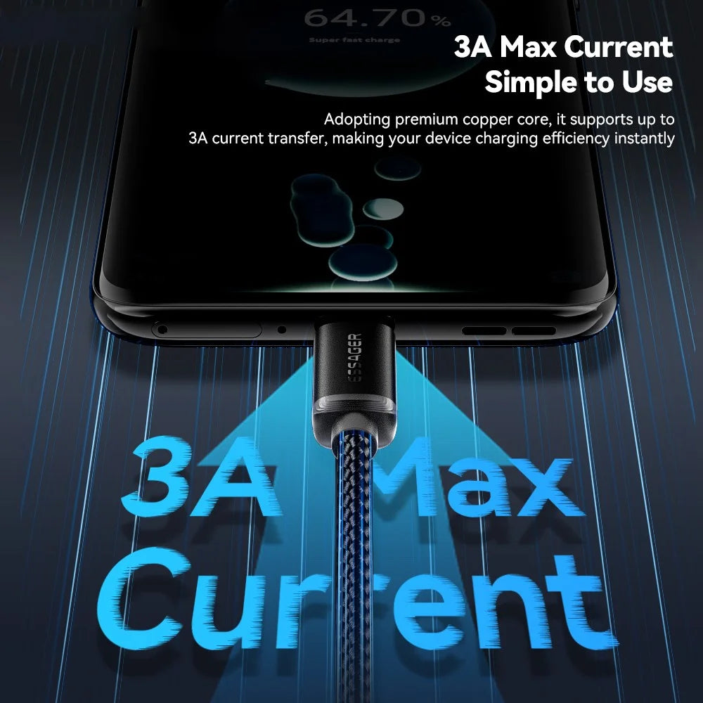 ESSAGER 1.2m USB to Type-C + 8-pin + for Apple Watch Wireless Charging Dock Braided Charge Cable - 3