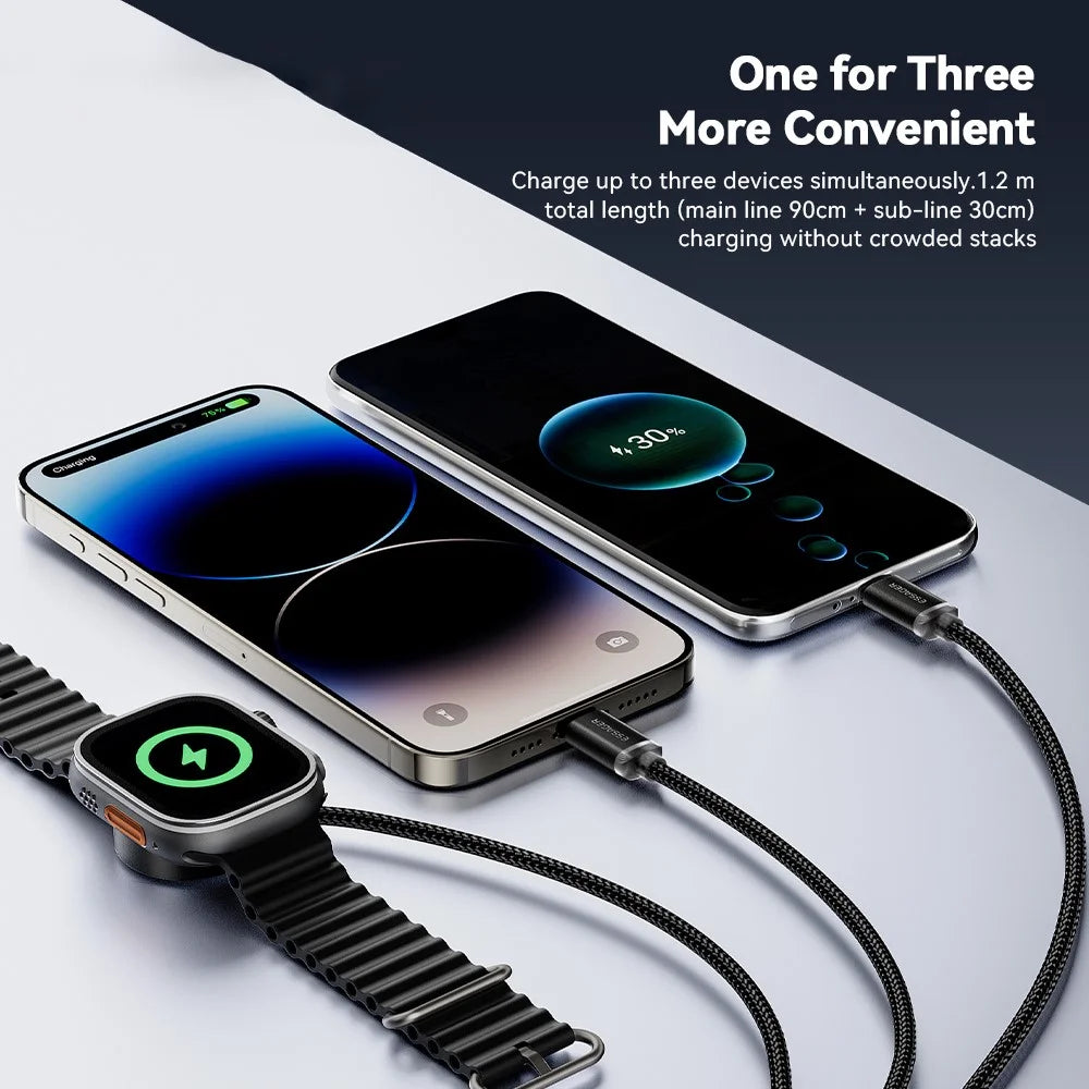 ESSAGER 1.2m USB to Type-C + 8-pin + for Apple Watch Wireless Charging Dock Braided Charge Cable - 4