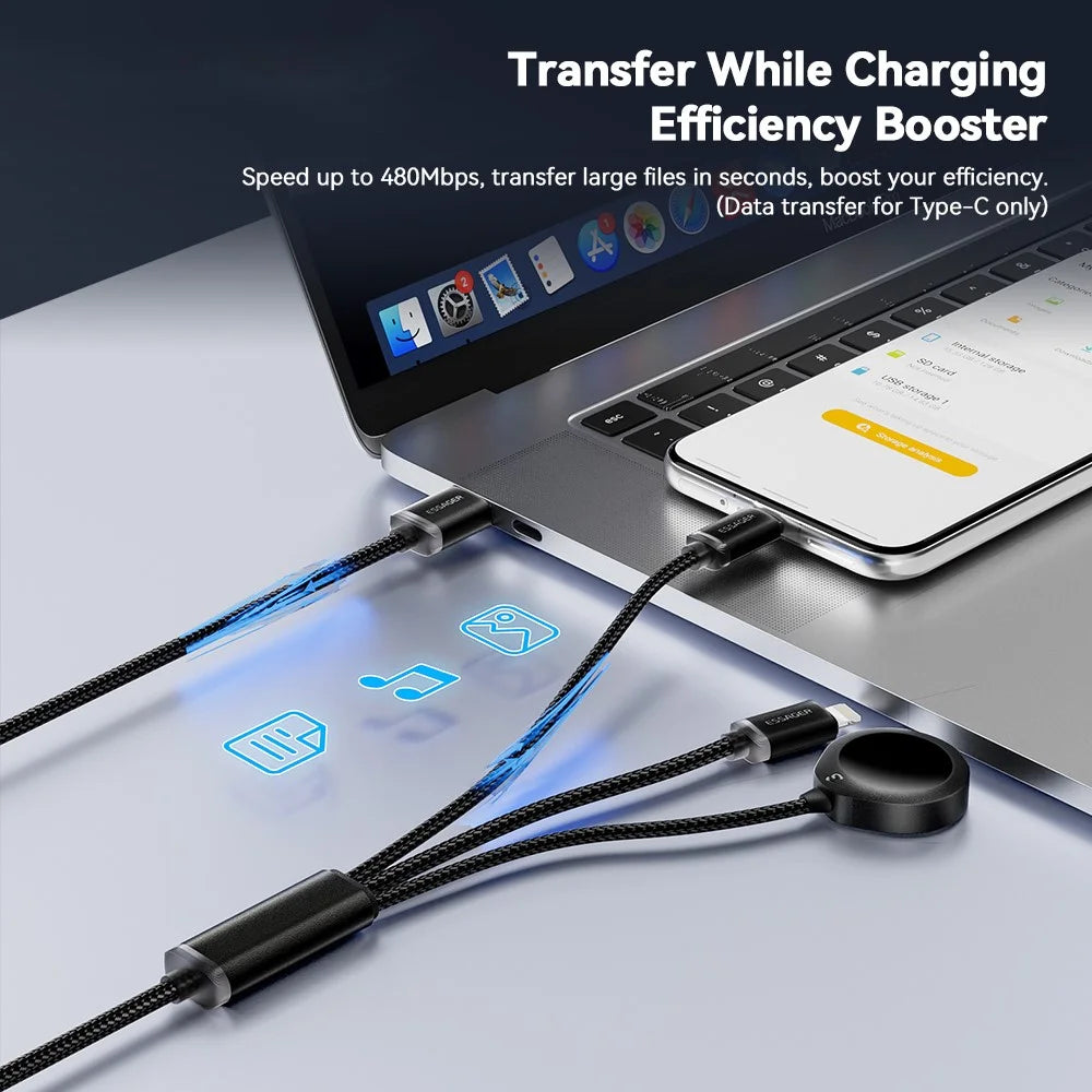 ESSAGER 1.2m USB to Type-C + 8-pin + for Apple Watch Wireless Charging Dock Braided Charge Cable - 5