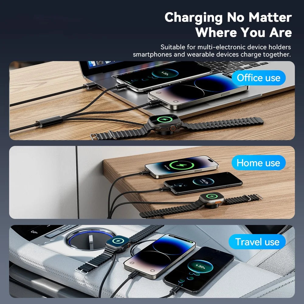 ESSAGER 1.2m USB to Type-C + 8-pin + for Apple Watch Wireless Charging Dock Braided Charge Cable - 6