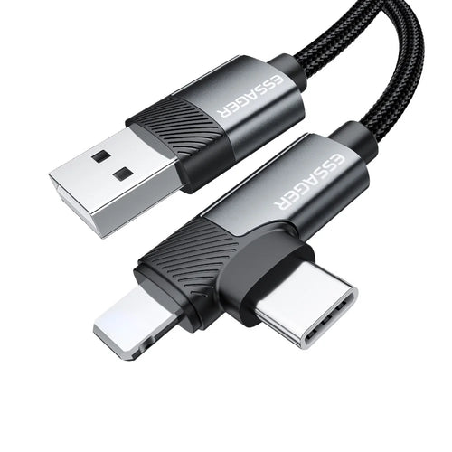 ESSAGER 1m USB-A to iP + Type-C 90 Degree Right Angle 3A Fast Charging Data Cable - 1