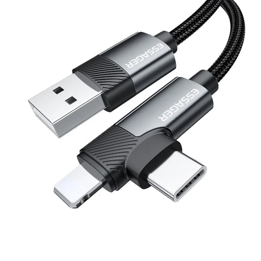 ESSAGER 2m USB-A to iP + Type-C 90 Degree Right Angle 3A Fast Charging Data Cable - 1