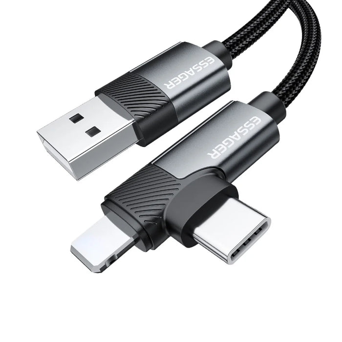 ESSAGER 2m USB-A to iP + Type-C 90 Degree Right Angle 3A Fast Charging Data Cable - 1
