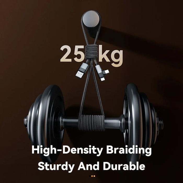 ESSAGER 2m USB-A to iP + Type-C 90 Degree Right Angle 3A Fast Charging Data Cable - 5