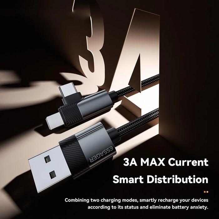 ESSAGER 2m USB-A to iP + Type-C 90 Degree Right Angle 3A Fast Charging Data Cable - 7
