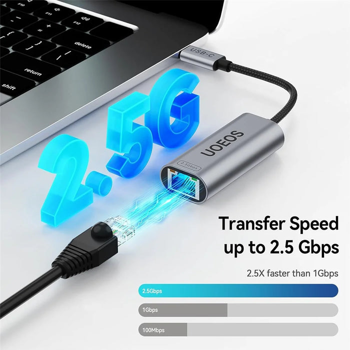 UOEOS USB 3.1 Type-C to Ethernet Adapter 2.5G High Speed RJ45 Wired Network Converter - Grey - 2