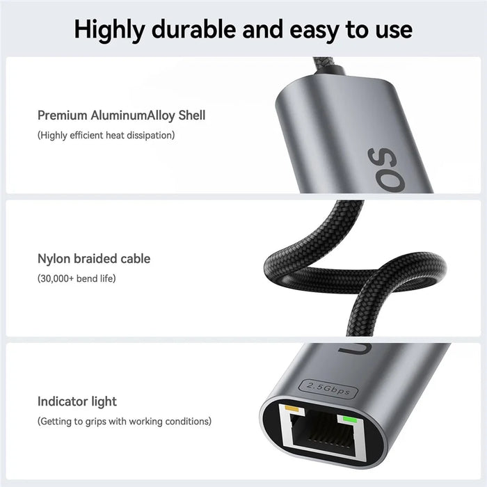 UOEOS USB 3.1 Type-C to Ethernet Adapter 2.5G High Speed RJ45 Wired Network Converter - Grey - 5