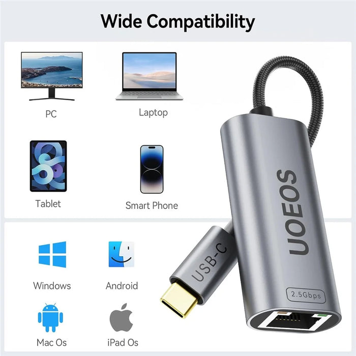 UOEOS USB 3.1 Type-C to Ethernet Adapter 2.5G High Speed RJ45 Wired Network Converter - Grey - 6
