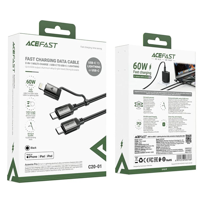ACEFAST C20-01 1.2m USB-C to USB-C + iP Data Cable Braided 60W Fast Charging Cord - 7
