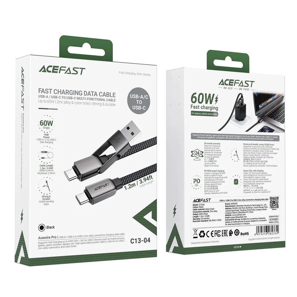 ACEFAST C13-04 1.2m USB-A / USB-C to USB-C 60W Charging Cable Data Sync Braided Cord - 7