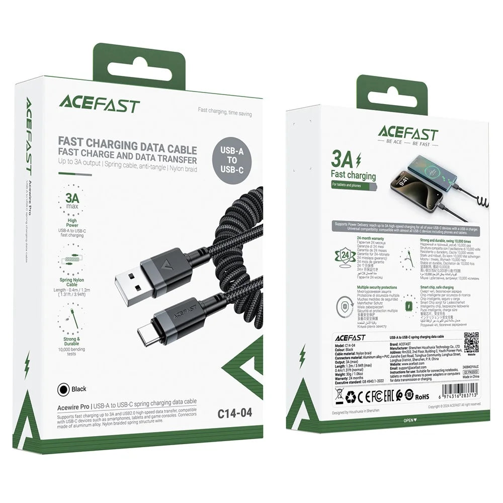 ACEFAST C14-04 1.2m USB-A to USB-C Spring Coiled Braided Data Cable 3A Fast Charging - 7