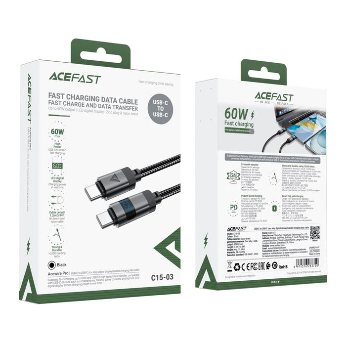 ACEFAST C15-03 1.2m USB-C to USB-C Charging Cable LED Power Display Braided Data Cord - 6