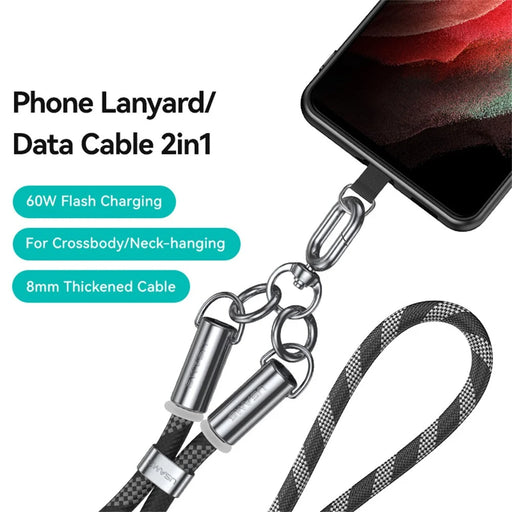 USAMS SJ745 1.2m Crossbody Phone Lanyard Type-C To Type-C 60W Charging Cable - Fluorescent Pink - 2