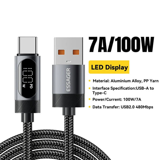 ESSAGER 2m USB to Type-C 7A Fast Charging Cable Data Sync Digital Display Braided Cord - 2