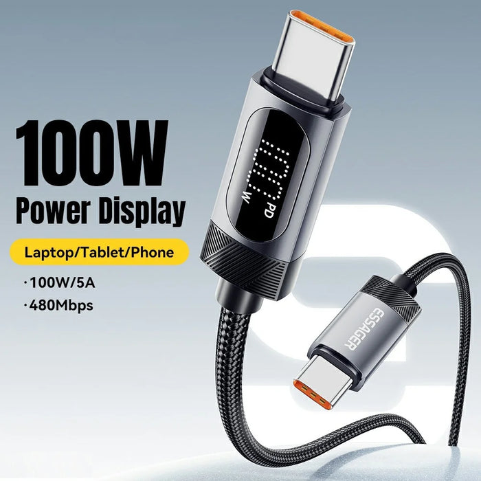ESSAGER 2m USB C to USB C Cable 100W Digital Display Fast Charging Data Sync Cord - 3