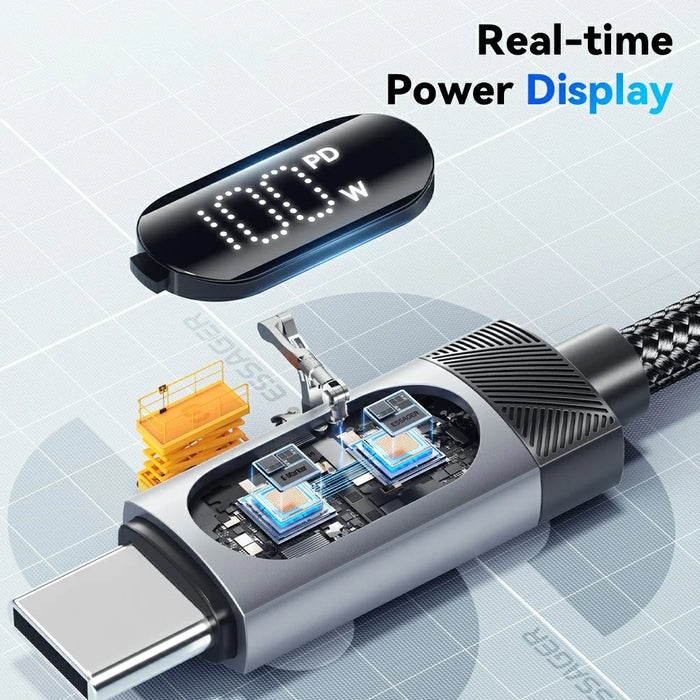 ESSAGER 2m USB C to USB C Cable 100W Digital Display Fast Charging Data Sync Cord - 5
