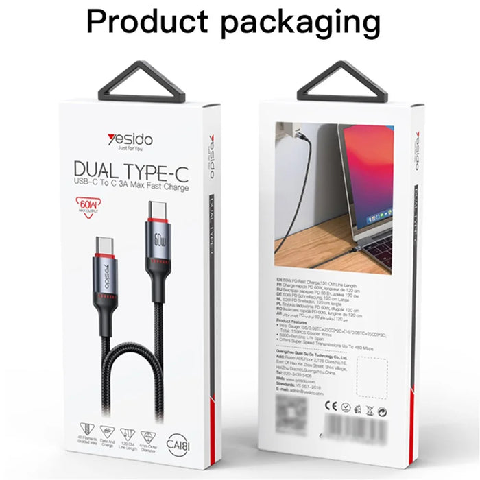 YESIDO CA181 1.2m USB C to USB C 60W Fast Charging Cable Aluminum Alloy Shell Data Cord - 6