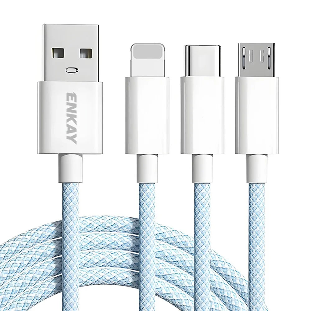 ENKAY 1m 3 in 1 USB to iP / Type-C / Micro USB 60W Charging Data Cable Braided Wire - Blue - 1